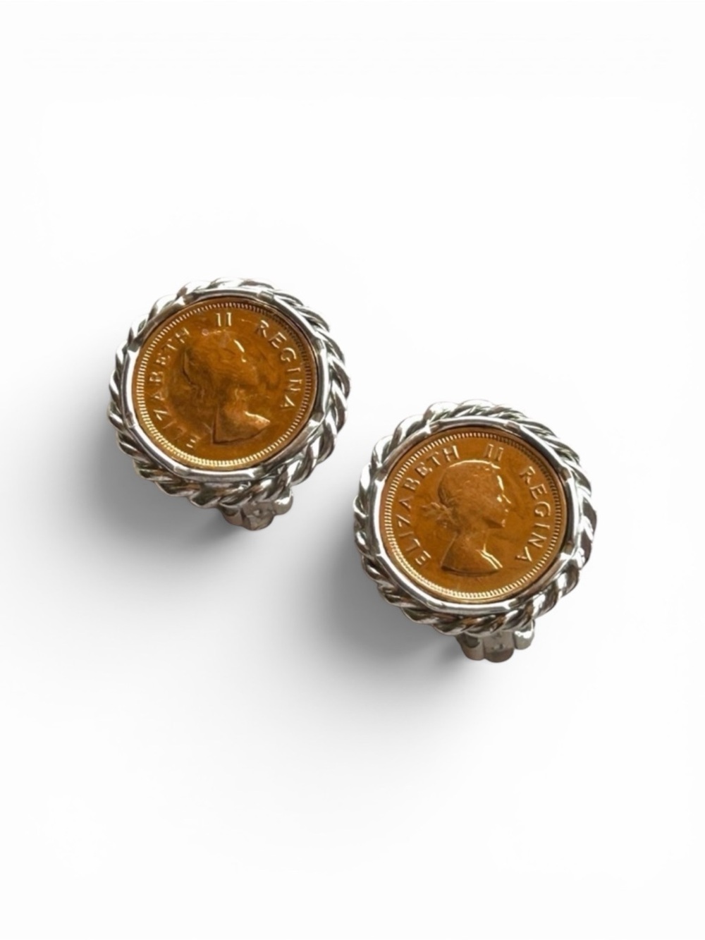 Vintage Signed LERU Gold and Silver Tone Faux Coin  Clip On Earrings 1”